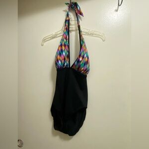 Longitude Multicolor Geometric Halter One-Piece Swimsuit with Black Body